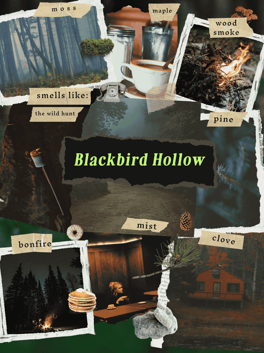 A collage features images which draw from the book and inspire the candle scents, including misty woods, pine branches, smores, bonfires, cabins in the woods, and diner coffee.