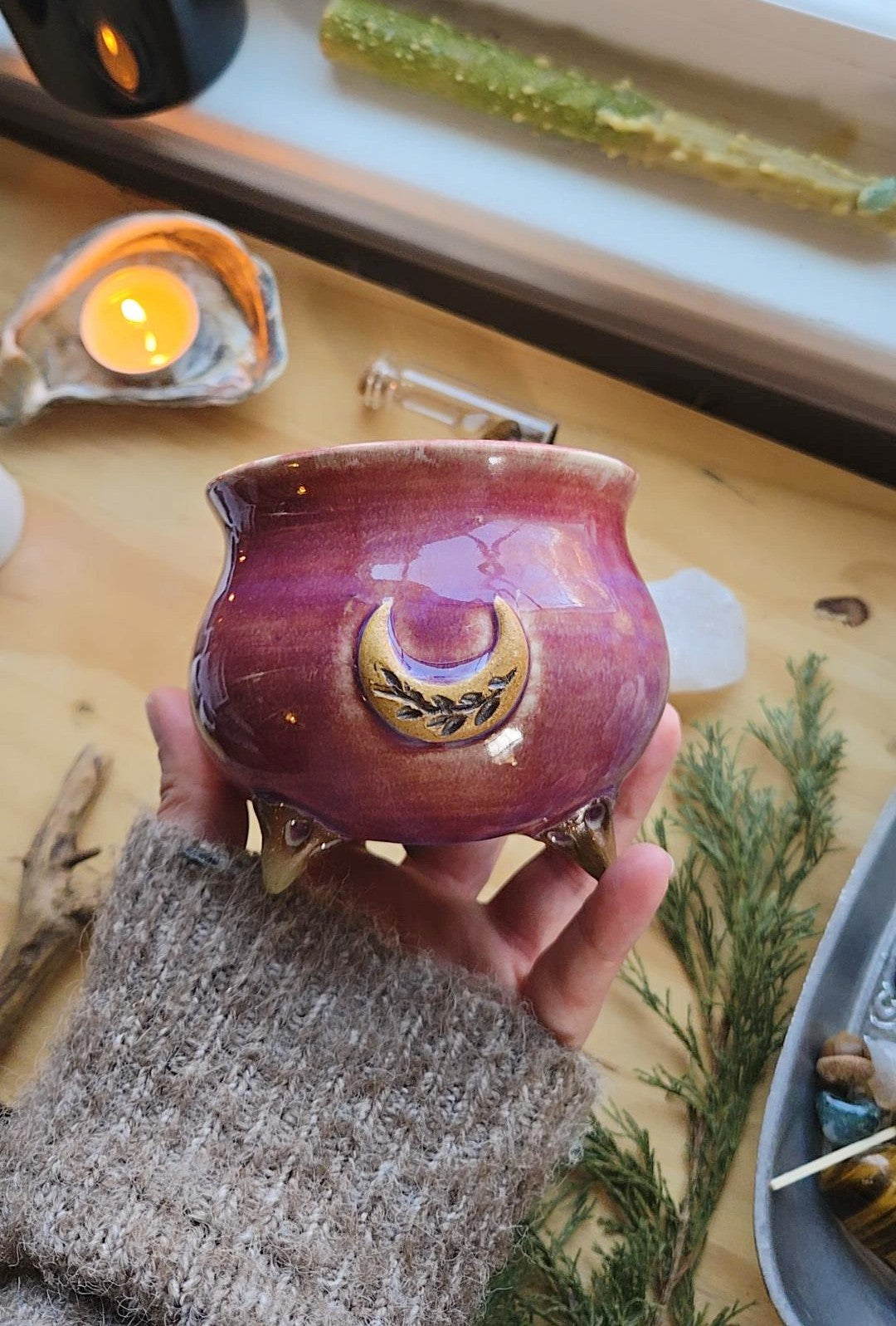 Lavender Moon Ceramic Cauldron Candle