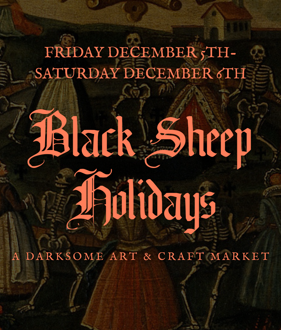Promotional poster for Black Sheep Holidays with skeletons and text on a dark background